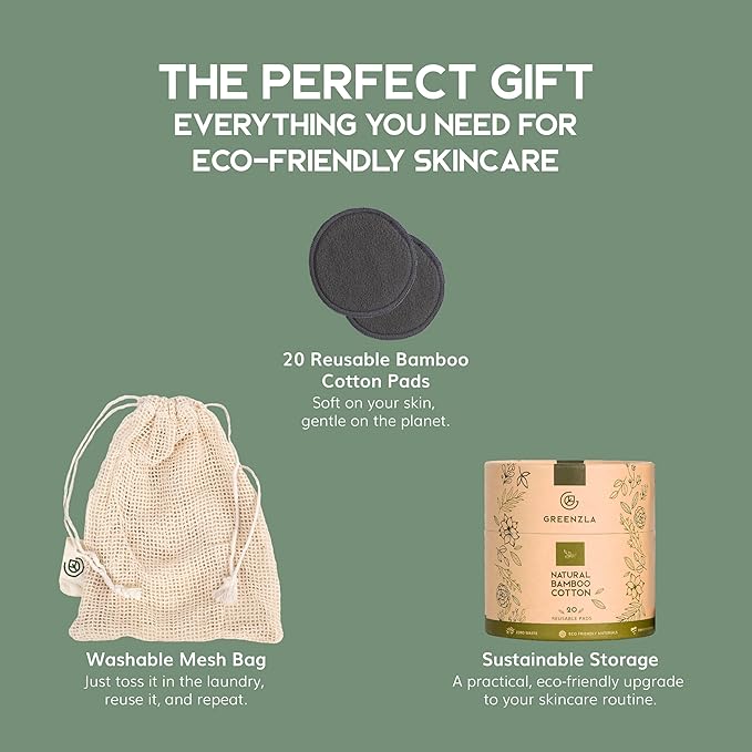 Greenzla Reusable Makeup Remover Pads - 20 Pack Organic Dark Charcoal Bamboo Cotton Pads with Mesh Laundry Bag, Cotton Travel Pouch, & Cotton Rounds Holder, Sustainable Face Wipes for All Skin Types