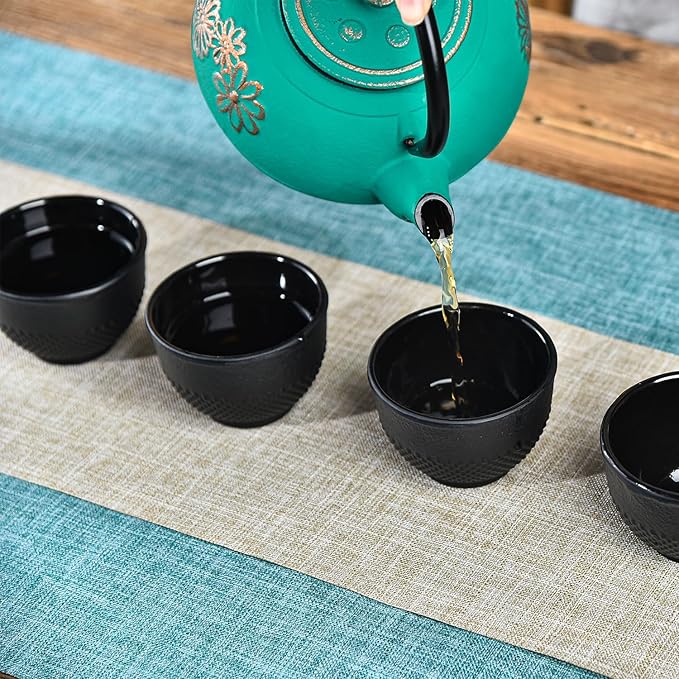 Sungmor Cast Iron Black Teacups, Set of 4 & 5 oz - Japanese Tea Cups with Enamel Interior, Traditional Gongfu Tea Set, Durable Heat-Retaining Tetsubin Style Drinkware