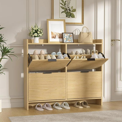 Large Shoe Storage Cabinet with 4 Flip Drawers, Wood Freestanding Shoe Organizer for Entryway Hidden Narrow Shoe Rack Cabinet, Nature Oak