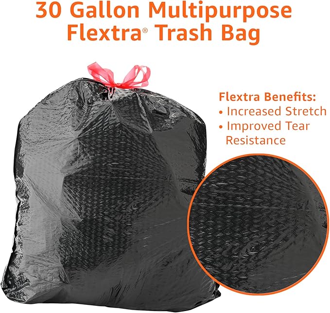 Amazon Basics Flextra Multipurpose Drawstring Trash Bags, 30 Gallon, 50 Count