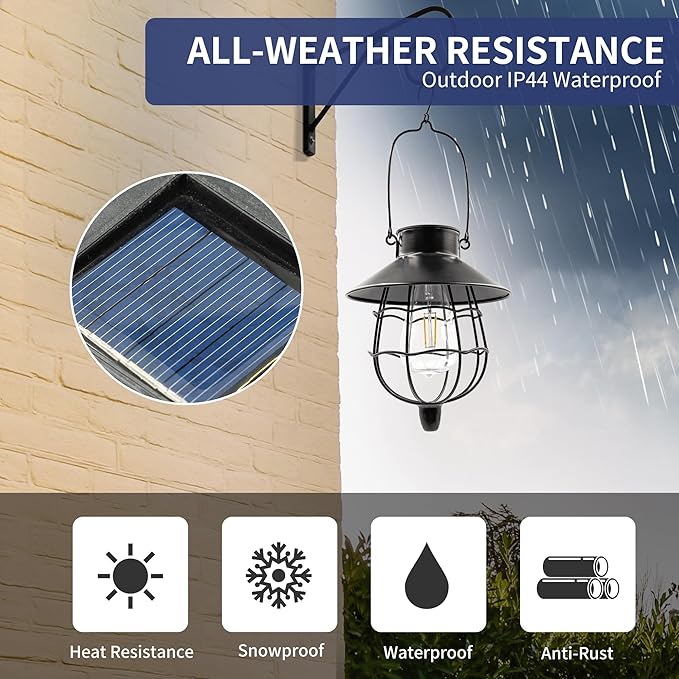 2 Pack Solar Lanterns Outdoor Waterproof Hanging Solar Lights with Vintage Metal Warm White Light Edison Bulb Design, Decorate for Garden Yard Porch and Christmas(Black)