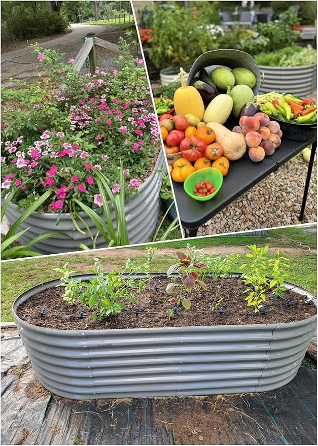 A ANLEOLIFE 12-Set 8X4X2 ft Galvanized Raised Garden Bed Kit, Oval Metal Deep