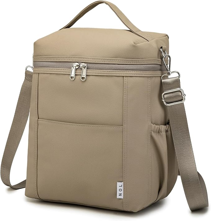 NOL Natural Organic Lifestyle Insulated Lunch Bags for Women Cooler Bag Lightweight Nylon Waterproof Lunch Box For Work (Khaki, Large)