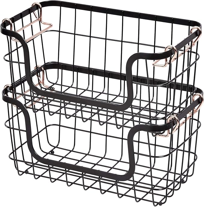Amazon Basics Stackable Metal Wire Rectangular Storage Basket Set For Kitchen or Bathroom, 2 Count, Black