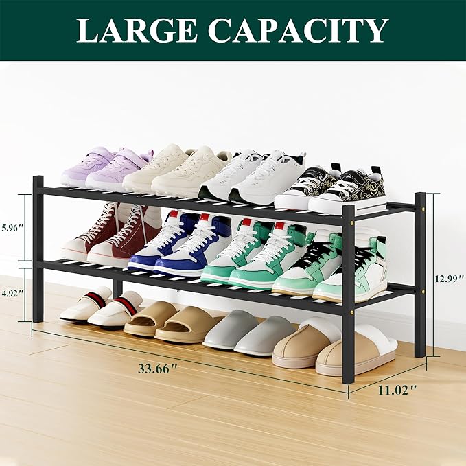 Smiry Shoe Rack, 2 Tier Long Bamboo Shoe Organizer, Stackable Free Standing Wooden Shoe Storage Shelf for Closet, Entryway, Front Door Entrance, Black