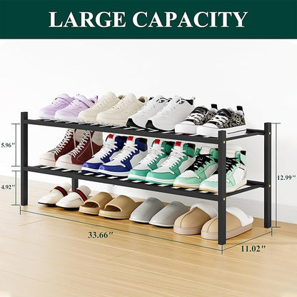 Smiry Shoe Rack, 2 Tier Long Bamboo Shoe Organizer, Stackable Free Standing Wooden Shoe Storage Shelf for Closet, Entryway, Front Door Entrance, Black