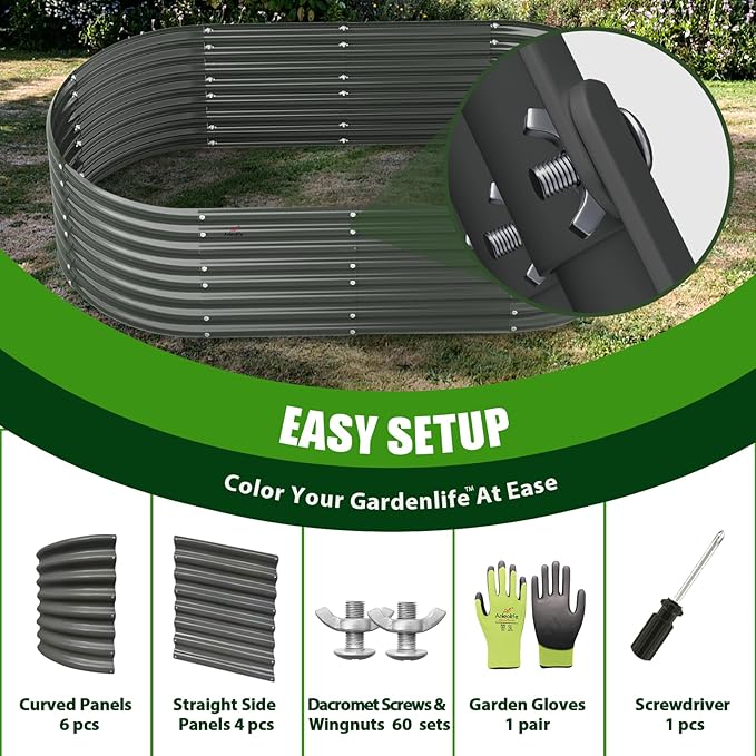 A ANLEOLIFE 12-Set 8X4X2 ft Galvanized Raised Garden Bed Kit, Oval Metal Deep