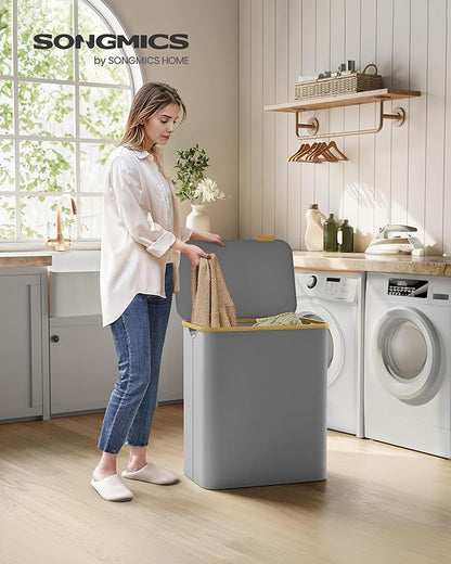 SONGMICS Laundry Hamper with Lid, 3-Section Large Laundry Basket, 52.8-gallon (150L), Removable Mesh Liner, Bamboo Handles, Collapsible, 23.6 x 15.2 x 27.8 Inches, Dove Gray ULCB515G01