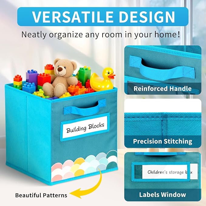 Cube Storage Bins, 3 Pack 11 Inch Fabric Storage Bins with Handle and Label Window, Foldable Storage Cubes, Colorful Fabric Bins for Kids Room, Classroom Organization and Storage, Clothes, Toys