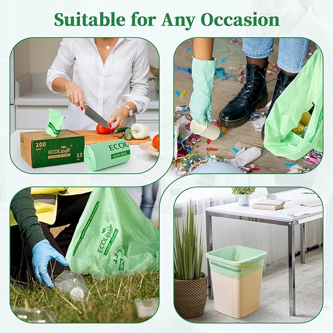 ECOLipak 13 Gallon Compostable Trash Garbage Bags, 100 Count (2 Rolls) Biodegradable Heavy Duty Bathroom Kitchen Trash Bags for Home/Office, US BPI ASTM D6400 and OK Compost Home Certified