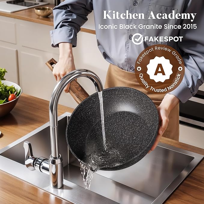 Kitchen Academy Induction Cookware Set-17 Piece Non-stick Cooking Pan Set, Black Granite Pots and Pans Set