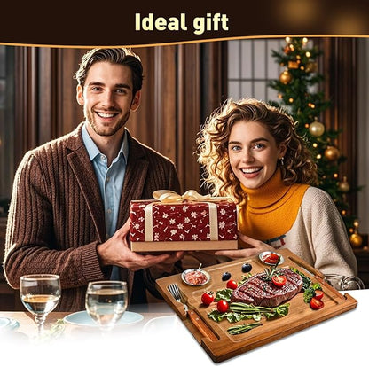 Acacia Wooden Steak Plates Board for Eating Set of 2,15.7" Meat Cutting Boards for Steak Food Serving Tray with Fork, Knife & Ramekins,Charcuterie Platter for Kitchen, BBQ & Entertaining