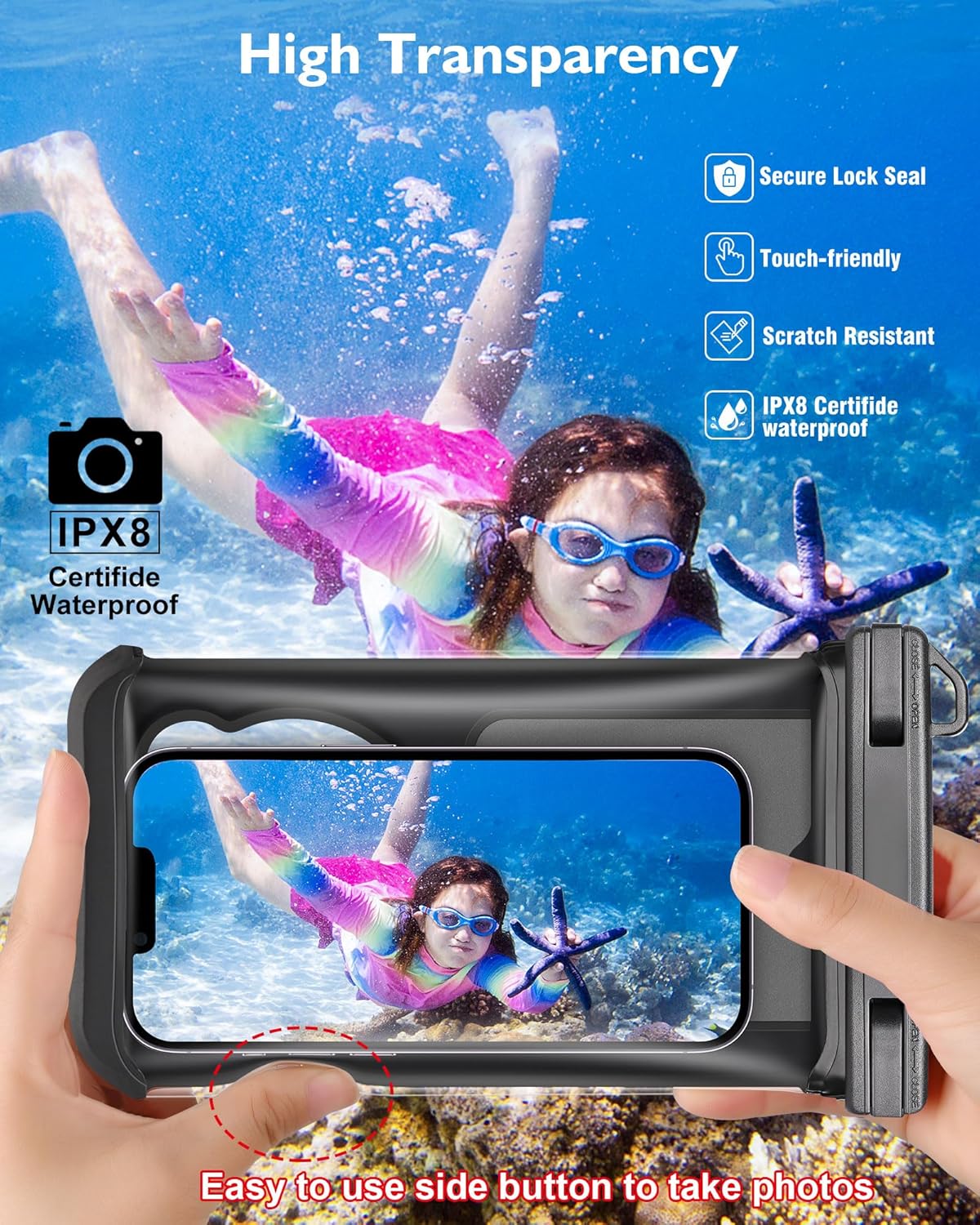 Waterproof Phone Pouch Floating- [3D Clear Soft Edges ] IP68 Waterproof Phone Case - iPhone 16/15/14/13 Pro Max Samsung 24/23/22 Ultra Google Up 7.5" - Detachable Lanyard - Front Clear + Back Bear