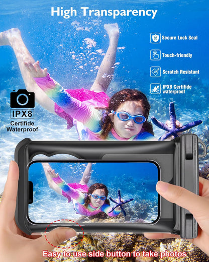 Waterproof Phone Pouch Floating- [3D Clear Soft Edges ] IP68 Waterproof Phone Case - iPhone 16/15/14/13 Pro Max Samsung 24/23/22 Ultra Google Up 7.5" - Detachable Lanyard - Front Clear + Back Bear
