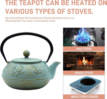 30.4oz Small Cast Iron Tea Kettle,SECHUDO Tea Pot Coated with Enameled Interior for Loose Tea, Cute Cast Iron Teapot with Stainless Steel Infuser for Stovetop Safe (900ml)