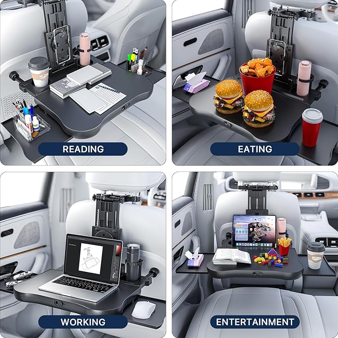 Car Back Seat Tray Table, Stable Foldable Auto Backseat Food Trays Desk for Rear Passenger Road Trip Eating & Work, Multifunctional Adjustable Travel Tray with Phone Drink Holder for Laptop iPad