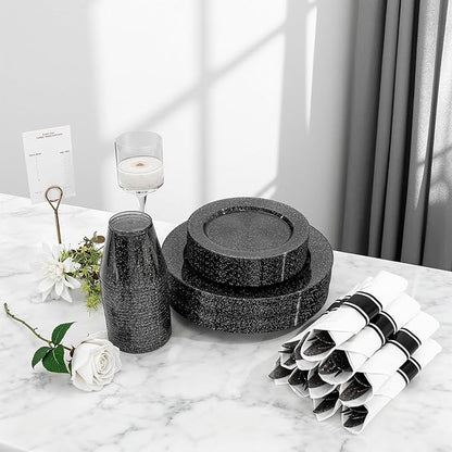 DaYammi 350 Pieces Black Glitter Dinnerware Set 50 Guest for Party- 50 Dinner Plates, 50 Dessert Plates -50 Per Rolled Napkins with Black Cutlery - 50 Disposable Cups 9 OZ