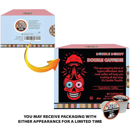 Double Donut Coffee High Caffeine Coffee Pods, Extra Strong Double Caffeine Coffee Cups for Keurig K Cup Brewer Machines Single Serve Dark Roast Coffee, 80 Count