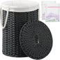 Laundry Basket with Lid Round Rattan Laundry Hamper with Lid and Handles 29.1 Gal (110 L) Handwoven Woven Basket with Removable Bags and 2 Mesh Bags for Bathroom Living Room Black