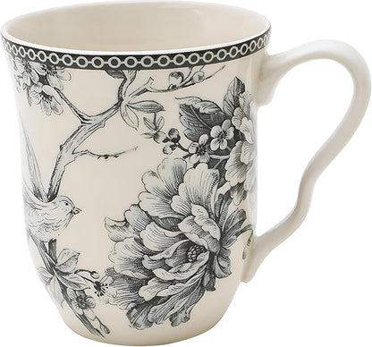 222 Fifth Adelaide 16-Piece Square Floral Dinnerware Set – Service for 4, Grey & White Porcelain Plates & Bowls, for Everyday Dining & Entertainment, Microwave & Dishwasher Safe, Chip Resistant