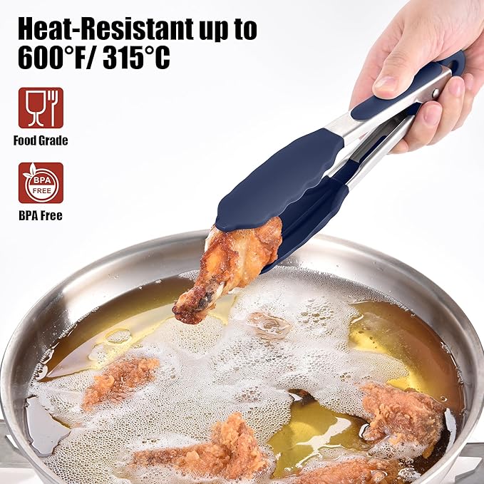 Doosu Kitchen Tongs for Cooking - 600°F Heat Resistant Food Tong with Non-Scratch Silicone Tips, Heavy Duty Stainless Steel Locking Tong for BBQ, Grilling Steak, Serving Salad Pasta (7in, Navy Blue)