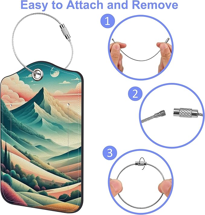 2 Pack Luggage Tags Mountains Clouds Waves Natural Landscape PU Leather Baggage Tag with Privacy Cover Stainless Steel Loop and Name ID Card for Men Women Travel Bag Luggage Accessories