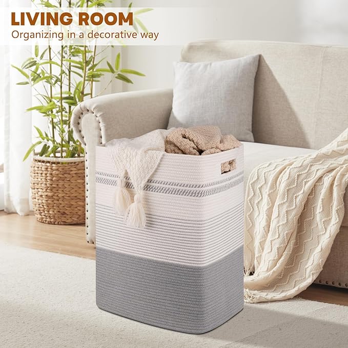 Laundry Hamper, Large Woven Rope Tall Laundry Basket with Handles, 22" X 17" X 13", Decorative Storage Basket for Clothes and Blankets in Living room, Bedroom, Grey & White