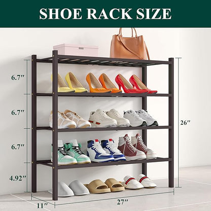 Smiry Shoe Rack, 4 Tier Bamboo Shoe Organizer, Stackable Free Standing Wooden Shoe Storage Shelf for Closet, Entryway, Front Door Entrance, Brown