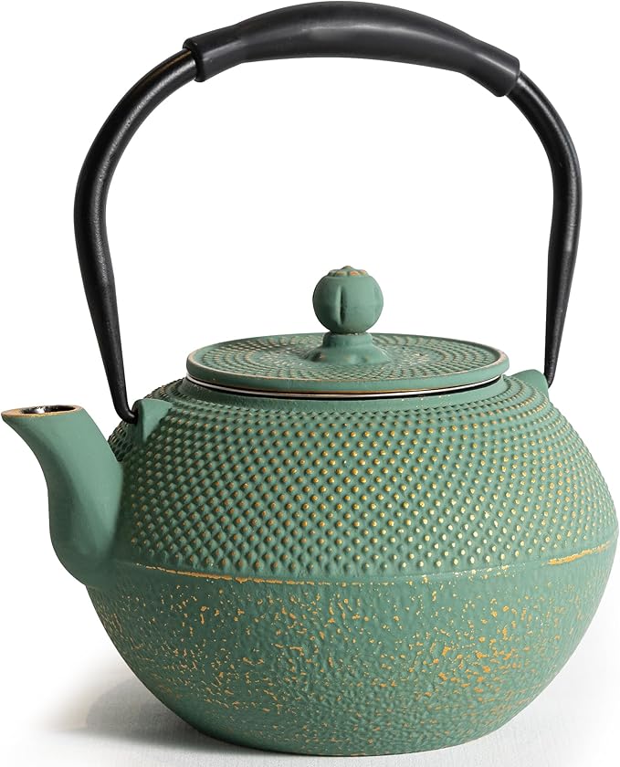 Cast iron Teapot, Tea Kettle for Stovetop Safe with Stainless Steel Infuser, Japanese Hand-made Tea Pot Coated with Enameled Interior for 42oz, 1200ml Green