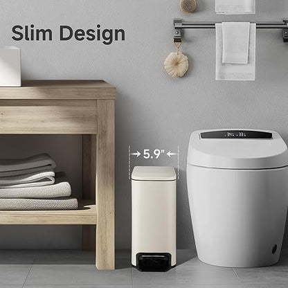TIPGO Slim Bathroom Trash Can with Lid Soft Close, 6 Liter / 1.6 Gallon Stainless Steel Garbage with Removable Inner Bucket, Small Trash Bins for Bedroom, Office (Cream)