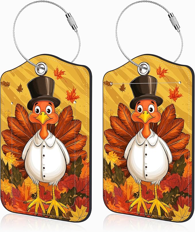 2 Pcs Autumn Turkey Luggage Tags for Suitcases PU Leather Baggage Tags Name ID Label with Privacy Cover and Stainless Steel Loop for Men Women Travel Bag Suitcase