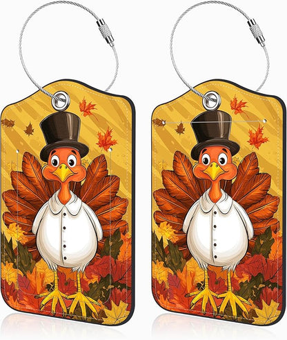 2 Pcs Autumn Turkey Luggage Tags for Suitcases PU Leather Baggage Tags Name ID Label with Privacy Cover and Stainless Steel Loop for Men Women Travel Bag Suitcase
