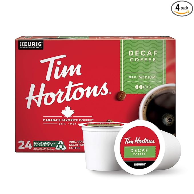 Tim Hortons Decaf Medium Roast Coffee, Single-Serve K-Cup Pods Compatible with Keurig Brewers, 96ct K-Cups, Red 24 Count (Pack of 4)