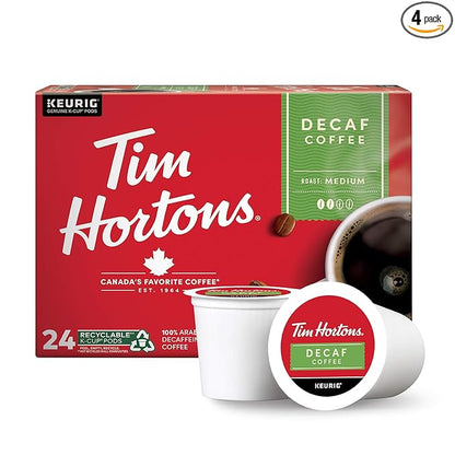 Tim Hortons Decaf Medium Roast Coffee, Single-Serve K-Cup Pods Compatible with Keurig Brewers, 96ct K-Cups, Red 24 Count (Pack of 4)