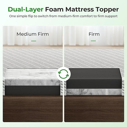 Bamboo Mattress Topper Full Size 4 Inch, Cooling Gel & Bamboo Charcoal Memory Foam Mattress Topper for Back Pain Relief, Firm Dual-Layer Foam Bed Pad with Removable Cover