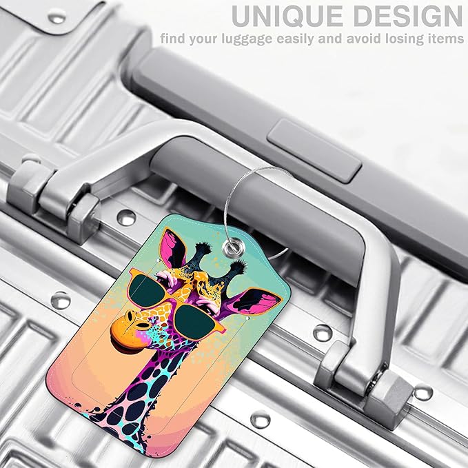 2 Pcs Giraffe in Sunglasses Luggage Tags for Suitcases PU Leather Baggage Tags Name ID Label with Privacy Cover and Stainless Steel Loop for Men Women Travel Bag Suitcase