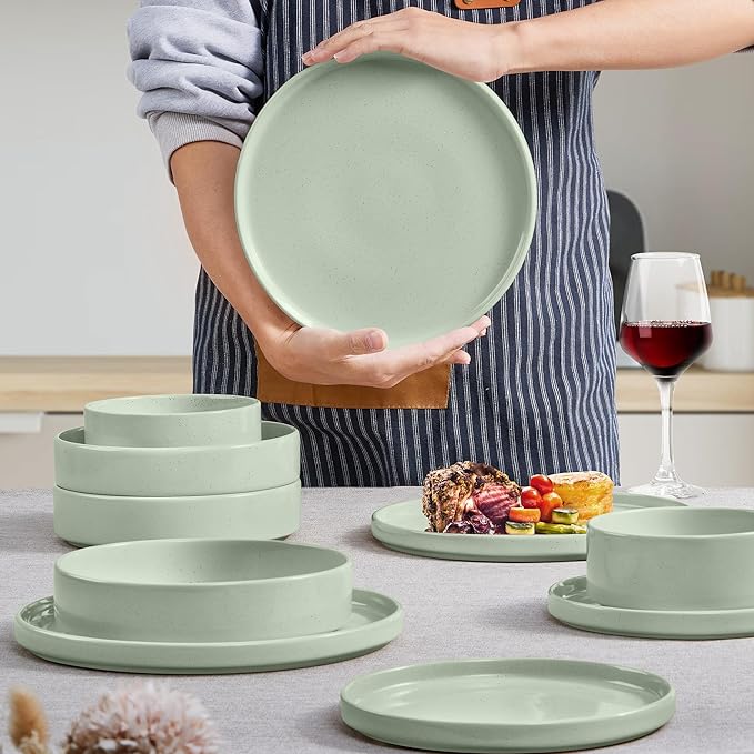 Herogo 24 Piece Plates and Bowls Set, Kitchen Dinnerware Sets with Pasta Bowls, Dinner Ware Dishes Service for 6, Chip & Scratch Resistant Porcelain Kitchen Dishware, Speckled Light Green