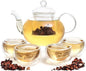 Moss & Stone Glass 27oz Tea Kettle Infuser & 4 Tea Cups Gift Set, Borosilicate Glass Teapot With Removable Glass Strainer & Teacups Of 2.7 oz, Teapot With Strainer Microwave Safe Tea Maker