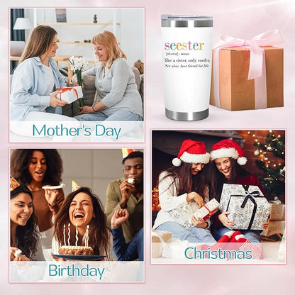 TEEZWONDER Christmas Sister Gifts for Women - Seester 20 oz Stainless Steel Insulated Coffee Tumbler with Lid - Big Sister Birthday Gifts for Girls, Graduation Gift for Her Women
