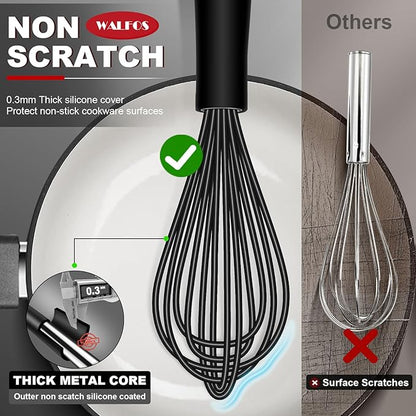Walfos Silicone Whisk With 8in Rest,Whisks for Cooking Non Scratch,7.5+9+11in Whisk for Nonstick Cookware,Dishwasher Safe,Rest for Kitchen Counter Wisk Perfect for Blending, Baking, Beating, Set of 4