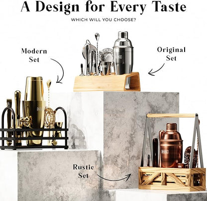 BARE BARREL® Mixology Bartender Kit Bar Set | 14-Piece Cocktail Shaker Set | Martini Barware Mixing Tools for Home Bartending | Incl. 35 Recipe Cards | Gift Set (24oz Cobbler Shaker, Brass/Black)