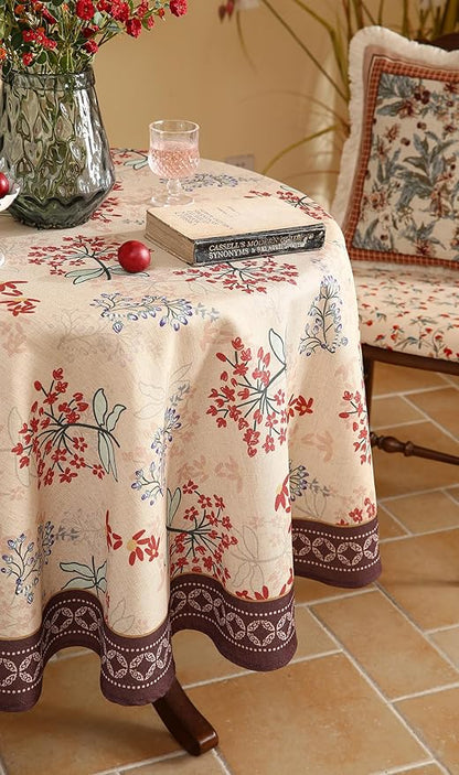 patdrea Designer Vintage Linen Table Cloth for Round Table,Red Floral Durable Breathable Tablecloth,Dacorative for Kitchen Dining,Holiday,Christmas,Thanksgiving,Tea Party,Diameter 55"-Newmari