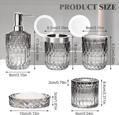 Bathroom Accessories Set, 5Pcs Bathroom Soap Dispenser Set, Glass Bathroom Accessories with Glass Soap Dispenser, Soap Dish, Toothbrush Holder, Tumbler, Cotton Swab Jar (Gradient Black & Clear)