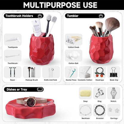 Ceramic Bathroom Accessories Set 4 PCS,Bathroom Toothbrush Holder Set,Soap and Toothbrush Holder Set,Include Toothbrush Holder,Soap Dispenser,Tumbler,Soap Dish,Bathroom Sets Decor Organizer (Red)