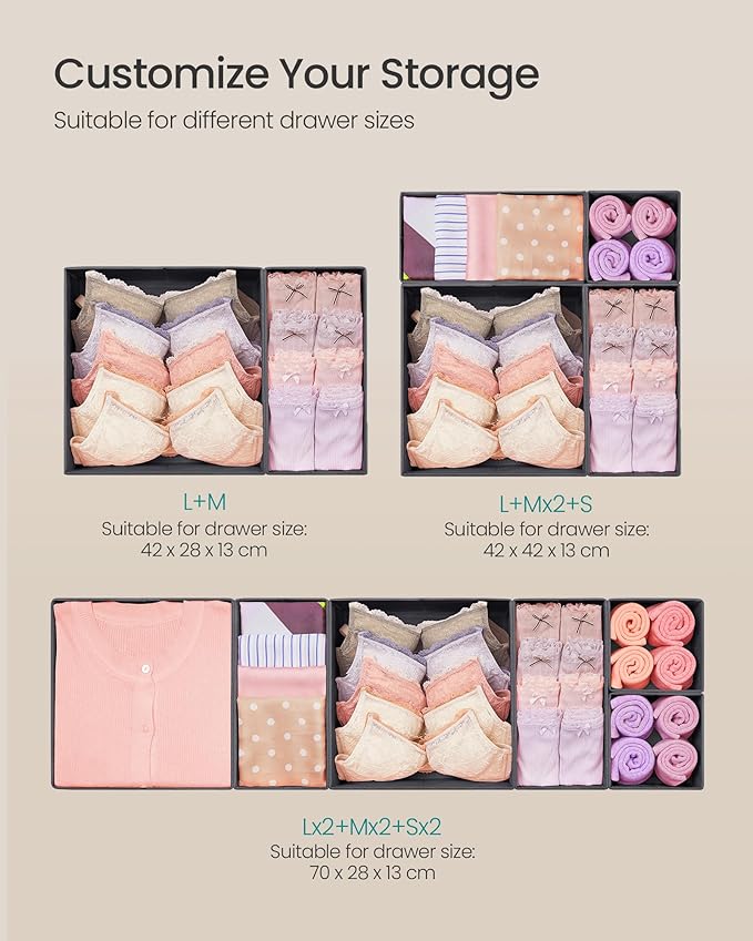 SONGMICS Drawer Organizer, Dresser Drawer Organizers, Set of 12, Foldable Fabric Storage Bins for Socks, Underwear, Bras, Ties, Scarves, Slate Gray URDZ006G03