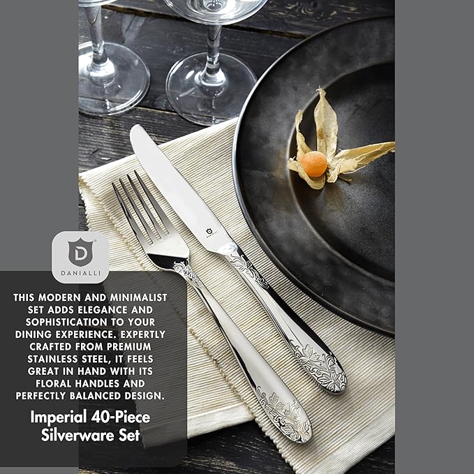 Modern Silverware Set, 18/10 Stainless Steel Flatware, Mirror Finish, Dishwasher Safe, Elegant Cutlery for Home and Dining, Built to Last (40-Piece, Imperial)