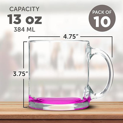 Libbey Clear Glass Coffee Mugs 13 oz. Set of 10, Bulk Pack - Perfect for Coffee, Tea, Espresso, Hot Cocoa, Other Beverages - Pink Bottom