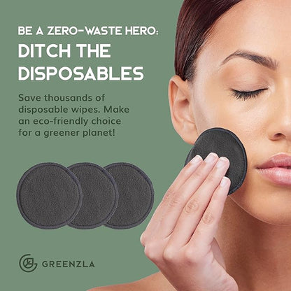 Greenzla Reusable Makeup Remover Pads - 20 Pack Organic Dark Charcoal Bamboo Cotton Pads with Mesh Laundry Bag, Cotton Travel Pouch, & Cotton Rounds Holder, Sustainable Face Wipes for All Skin Types