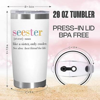 TEEZWONDER Christmas Sister Gifts for Women - Seester 20 oz Stainless Steel Insulated Coffee Tumbler with Lid - Big Sister Birthday Gifts for Girls, Graduation Gift for Her Women