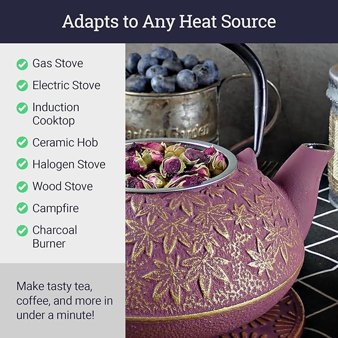 Large Japanese Cast Iron Teapot Capacity 40Oz with Trivet and Loose Leaf Tea Infuser, Cast Iron Tea Kettle Stovetop Safe. Tetsubin Coated with Enamel Interior - Purple Teapot